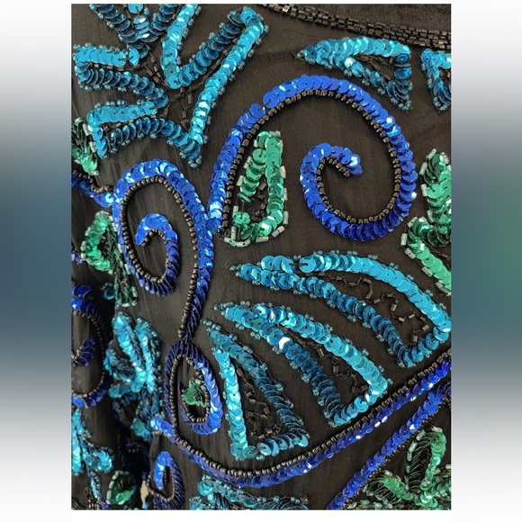 Laurence Kazar ladies size 1X black blue green evening glam top 100% silk sequin - Picture 3 of 10